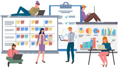 İş yerindeki mali analistler ve iş adamları, veri ve göstergelerle ofiste birlikte çalışıyorlar