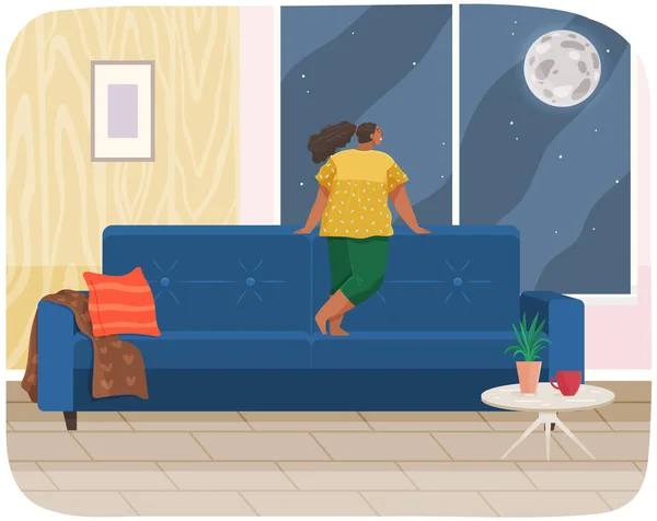 A menina está de pé ao lado do peitoril da janela e olhando para a lua fora da janela no quarto das crianças — Vetor de Stock