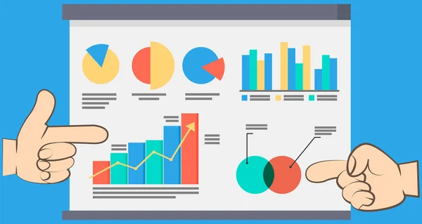 Dati analitici di contabilità per la crescita e la caduta. Mani che puntano al diagramma aziendale grafico grafico — Vettoriale Stock