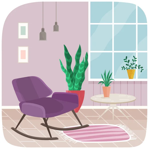 Obývací pokoj s nábytkem pro starší. Fialové houpací křeslo a koberec v interiéru bytu — Stockový vektor