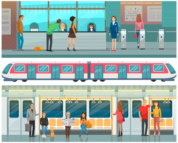 Persone in piedi sulla banchina della stazione, che viaggiano in metropolitana e passano il posto di blocco in metropolitana — Vettoriale Stock