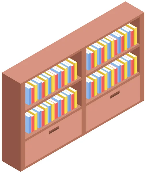 Grande estante com livros diferentes. Mobília de madeira grande biblioteca cheia de literatura empilhada —  Vetores de Stock