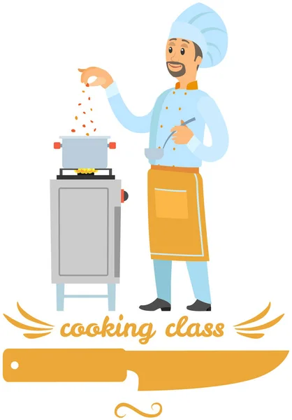 Chef leitet Kochkurs zum Thema Kochen. Mann bereitet Gericht zu, braten Zutaten — Stockvektor