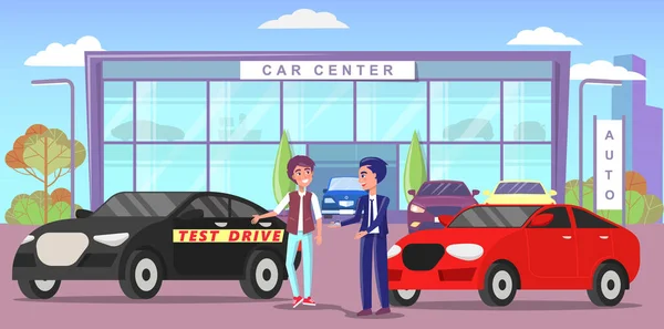 Centrum samochodowe, klienci wybierający samochód w sklepie. Test jazdy auto, salon samochodowy — Wektor stockowy