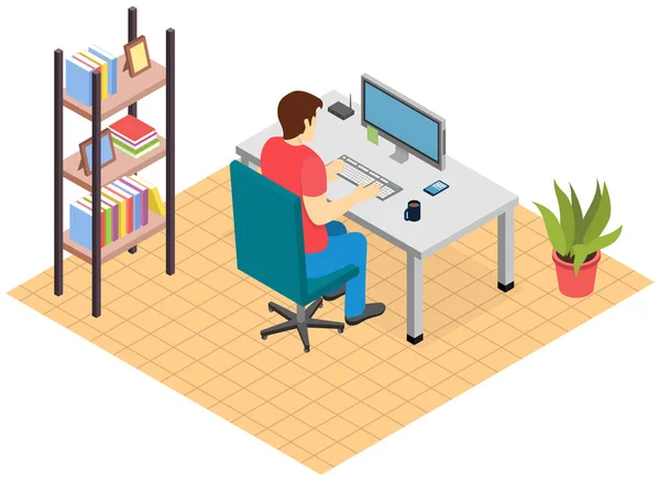 Arbetsplats. Affärsman som arbetar med bärbar dator och dokument på bordet isolerad illustration — Stock vektor