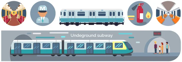 Conjunto con escalera móvil, navegación, asientos de pasajeros, trenes de metro, metro de transporte público — Archivo Imágenes Vectoriales