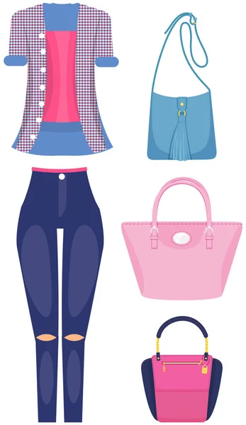 Een set trendy dameskleding. Outfit van damesjasje, blouse, rok en accessoires handtassen — Stockvector