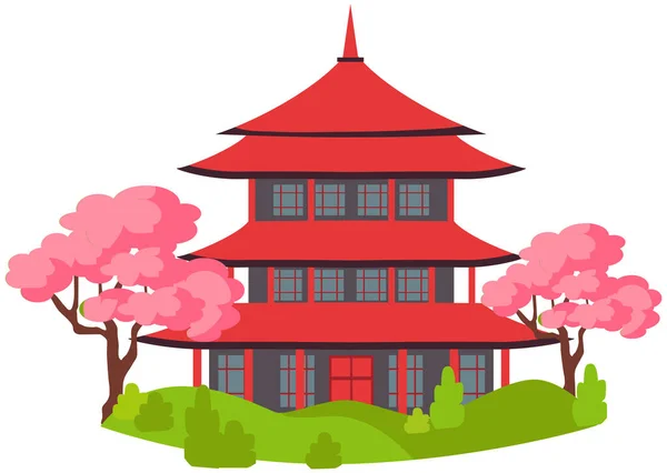 Asijské nebo čínské budovy nebo chrám v tradičním stylu, vektorový plakát s kvetoucími třešněmi — Stockový vektor