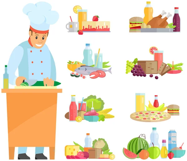 Man med kniv förbereder gurka, grönsak till sallad. Cook skär ingredienser till hälsosam måltid — Stock vektor
