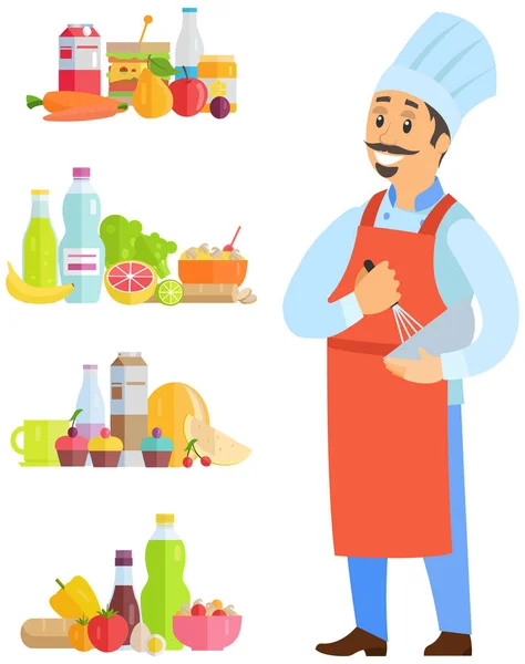 Önlüklü bir adam yemek ve ürün ikonları hazırlıyor. Şef yemek pişirmek için mutfak malzemeleriyle çalışır. — Stok Vektör