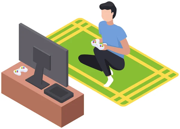 Gamer playing video game with tv screen holding gamepad controller sitting on carpet at home — Stock Vector