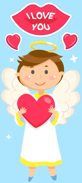 Little boy angel on valentine postcard. Greeting card in romantic style with text I love you on lips — Stock Vector