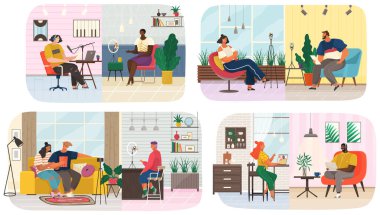 Podcaster sahneleri ayarlandı. Stüdyonun konuklarıyla röportaj yapan gazeteci. İnsanlar video blogu oluşturur, yayınlar