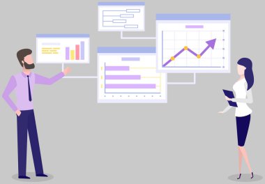 Kadın çalışanlar veri analizinde çalışırlar. Diyagramları analiz eden kadınlar, istatistiksel sunum