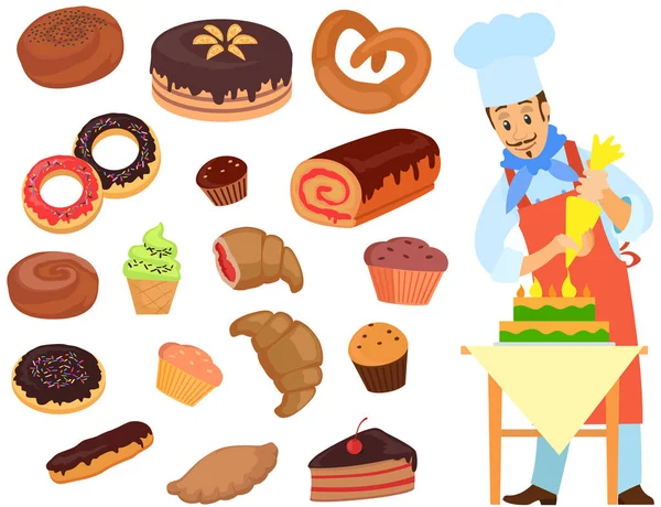 Hombre en delantal añadiendo crema a la torta. Pastelero, confitero prepara comida dulce, postre — Vector de stock