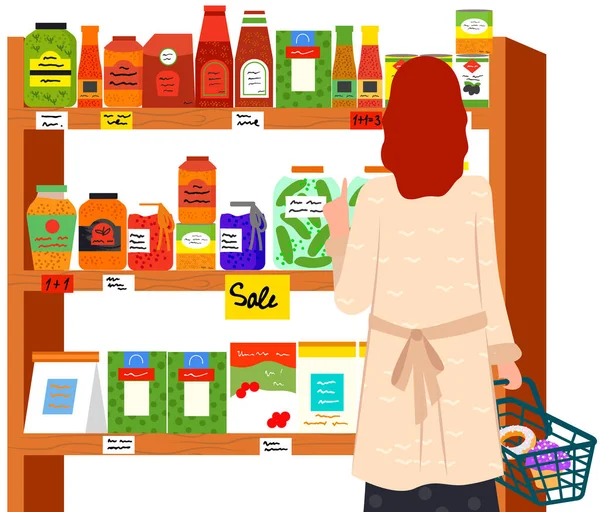 Girl chooses food at grocery store. Female character looking at food on shelves in supermarket — Stock Vector