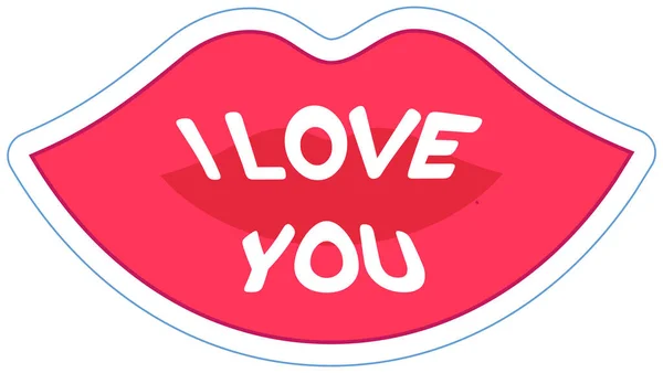 Design element of romantic sticker pack. Female lips in shape of kiss with text I love you — Stock Vector