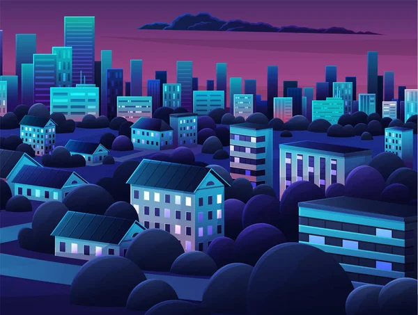 Nachtszene von Stadtbild und Architektur. Innenstadt mit Wohnhäusern und viel Grün — Stockvektor