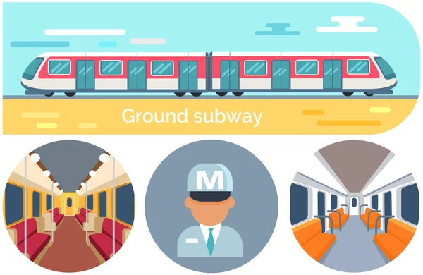 Set med rörlig trappa, navigering, passagerarsäten, tåg i tunnelbanan, kollektivtrafik tunnelbana — Stock vektor