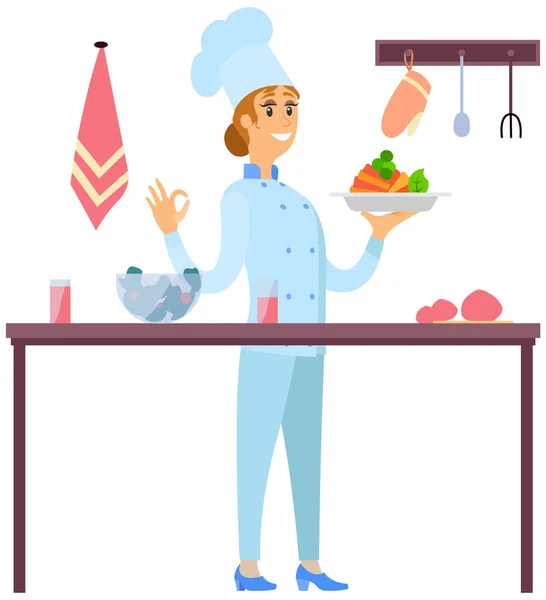 Cocina femenina sirve plato de chef, comida saludable en la cafetería. Mujer sostiene plato con comida preparada — Vector de stock