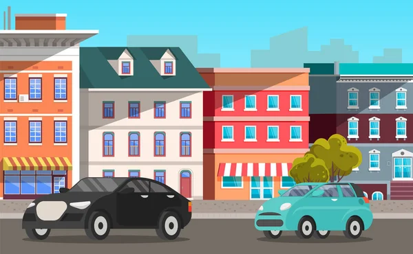 现代黑色轿车和面包车在城市的道路上与高大的建筑物形成了鲜明的对比 — 图库矢量图片
