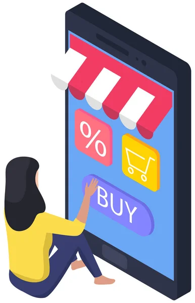 Shopping online concetto piatto. Giovane donna utilizza lo smartphone per acquistare beni. Consegna dei prodotti — Vettoriale Stock