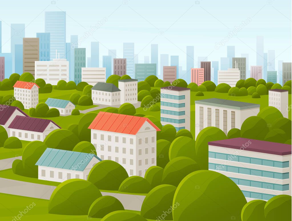 Cityscape with houses and buildings surrounded by trees. Landscape with nature and architecture