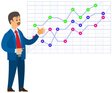 Adam sunum istatistiklerini inceliyor. Raporla çalışırken ya da çalışırken erkek karakter