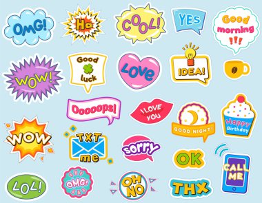 Diyalog yazılarıyla moda yamaları, renkli etiket paketi arkaplan deseni