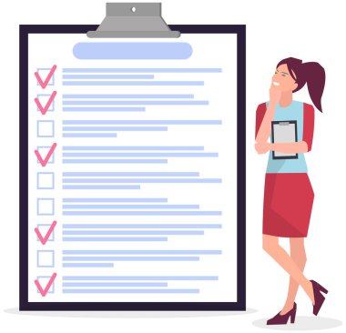 Kadın listeye ve planlama programına yakın duruyor. Plan tamamlandı, görev tamamlandı, zaman çizelgesi
