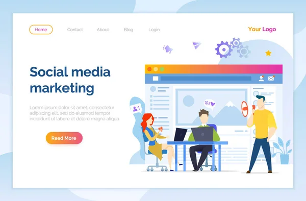 Les employés créent de la publicité pour faire croître les abonnés dans le compte de réseau social, promouvoir le profil client — Image vectorielle