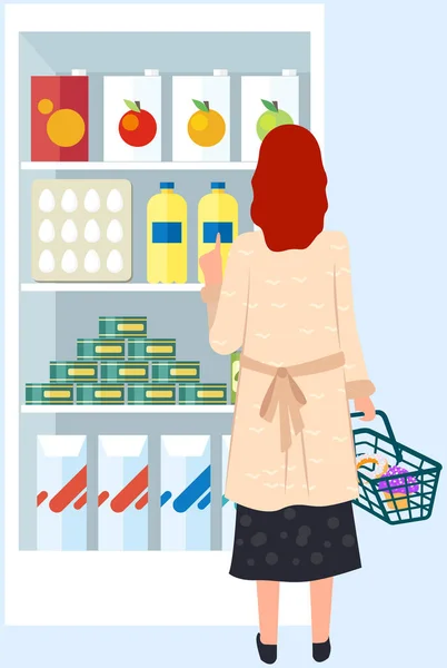 Люди делают покупки, выбирают товары, покупают товары в супермаркете, продуктовом магазине, магазине с продуктами питания — стоковый вектор