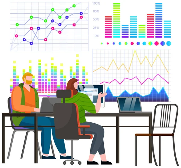 Ludzie biznesu komunikujący się w biurze omawiają statystyki, analizują różne wykresy i wykresy — Wektor stockowy