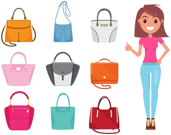 Set of trendy womens bags. Cute business lady in business dress style, wardrobe selection concept — Stock Vector