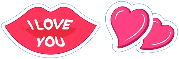 Губи у формі поцілунку і два рожевих серця для плакату, дизайн банера. Набір романтичних наклейок — стоковий вектор