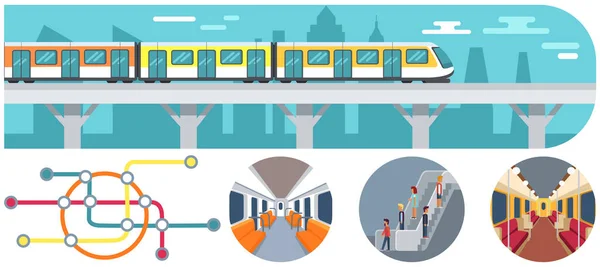 Public transport flat infographic diagram. Subway poster with underground and ground trains — Stock Vector