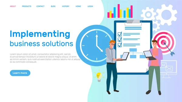Implementering affärslösning webbplats. Plan för utveckling, strategi, lagarbete med bärbara datorer — Stock vektor