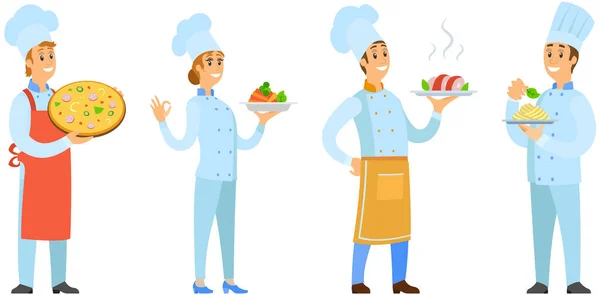 Conjunto de chefs creando comida de restaurante. Las personas fríen con sartén, cortan verduras, agregan ingredientes al plato — Vector de stock