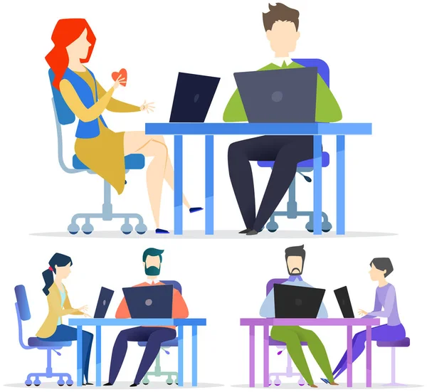 Imprenditori dipendenti che lavorano con la tecnologia. Business team seduto con computer portatili navigazione internet — Vettoriale Stock