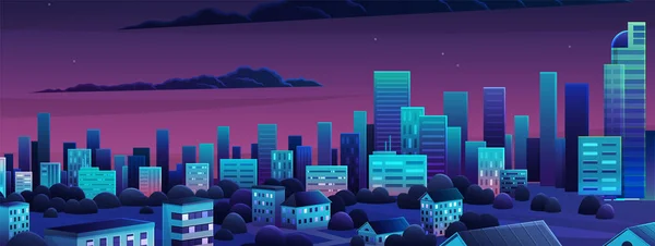 Nocna scena miejskiego krajobrazu i architektury. Śródmieście z budynków mieszkalnych i zieleni — Wektor stockowy