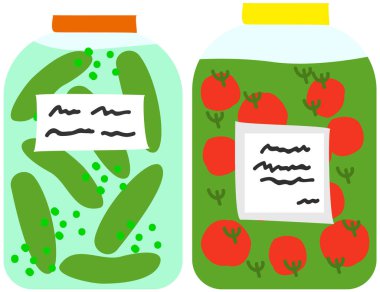 Sebze turşusu, salatalık, tuzlu salamura domates. Turşular, cam kavanozlarda marine edilmiş ürünler.