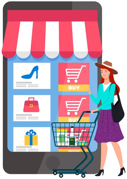 Aplicação Smartphone para produtos de compras. Mulher com carrinho de supermercado faz compras via telefone online — Vetor de Stock