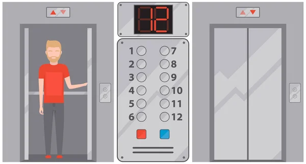 Ascenseur en verre pour le transport de personnes entre les étages. L'homme se tient dans un ascenseur moderne avec des portes en fer — Image vectorielle