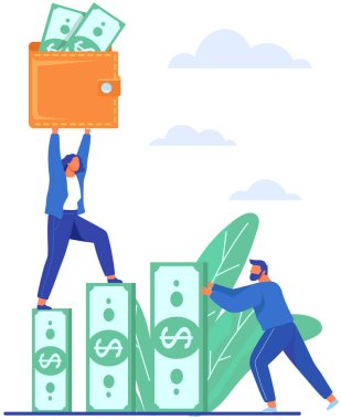 İyi kâr, yığınla para tutan insanlar. Zenginliğin sembolü, başarı ve iyi finans şansı.