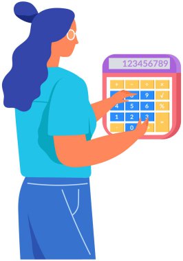 Muhasebe, denetleme, muhasebe, hesaplama. Kadın hesap makinesine güveniyor, sayılarla çalışıyor, verilerle çalışıyor