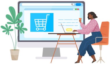 Ofisteki iş kadını çevrimiçi ödemeler, online alışveriş başvuruları, çevrimiçi pazarlama