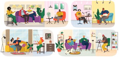 İnsanlar podcast sırasında iletişim kurar. Röportajda canlı bağlantı. Ses podcast 'i kayıt ediliyor