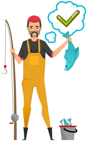 Fisher en eens pictogram, groen vinkje in spraakzeepbel Baard visser staat met vangst, vis — Stockvector