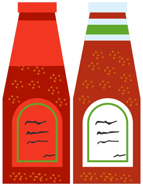 Molho com tomates fervidos com temperos, ketchup. Recipiente de plástico, frasco com líquido de tomate — Vetor de Stock