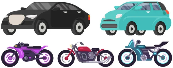 Conjunto de modos de transporte e máquina. Crossover, hatchback, veículo cabriolet, motocicleta — Vetor de Stock